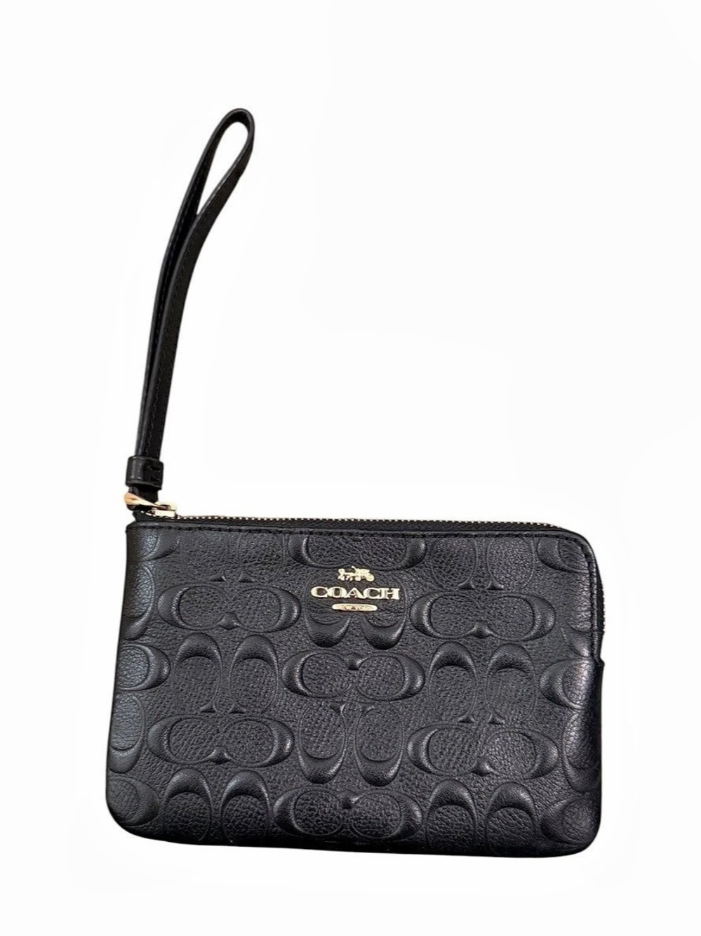 Coach Corner Zip Wristlet in Signature Debossed Patent Leather Black